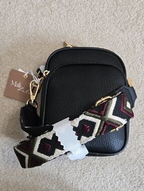 NWT Mali +Lili Black Crossbody Bag with Patterned Strap, Plain Strap & Dust Bag